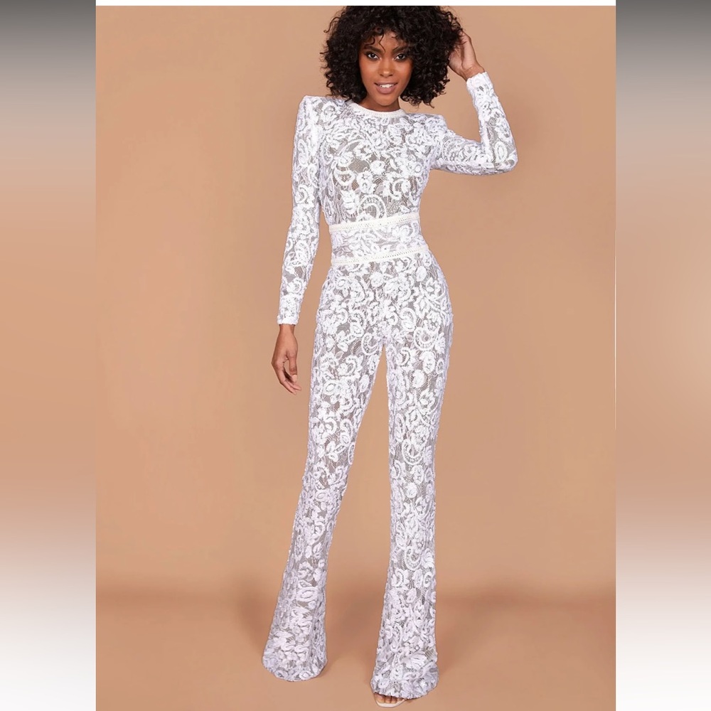 Nadine Merabi Bella white dark nude jumpsuit size MEDIUM